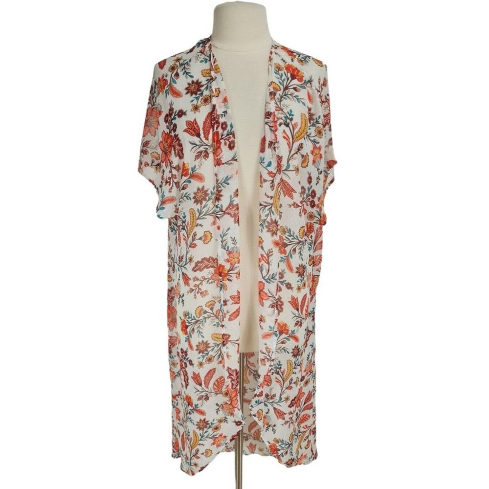 BOUTIQUE Floral Chiffon Open Front Long Jacket Women Plus Size 0X-1X . A13P